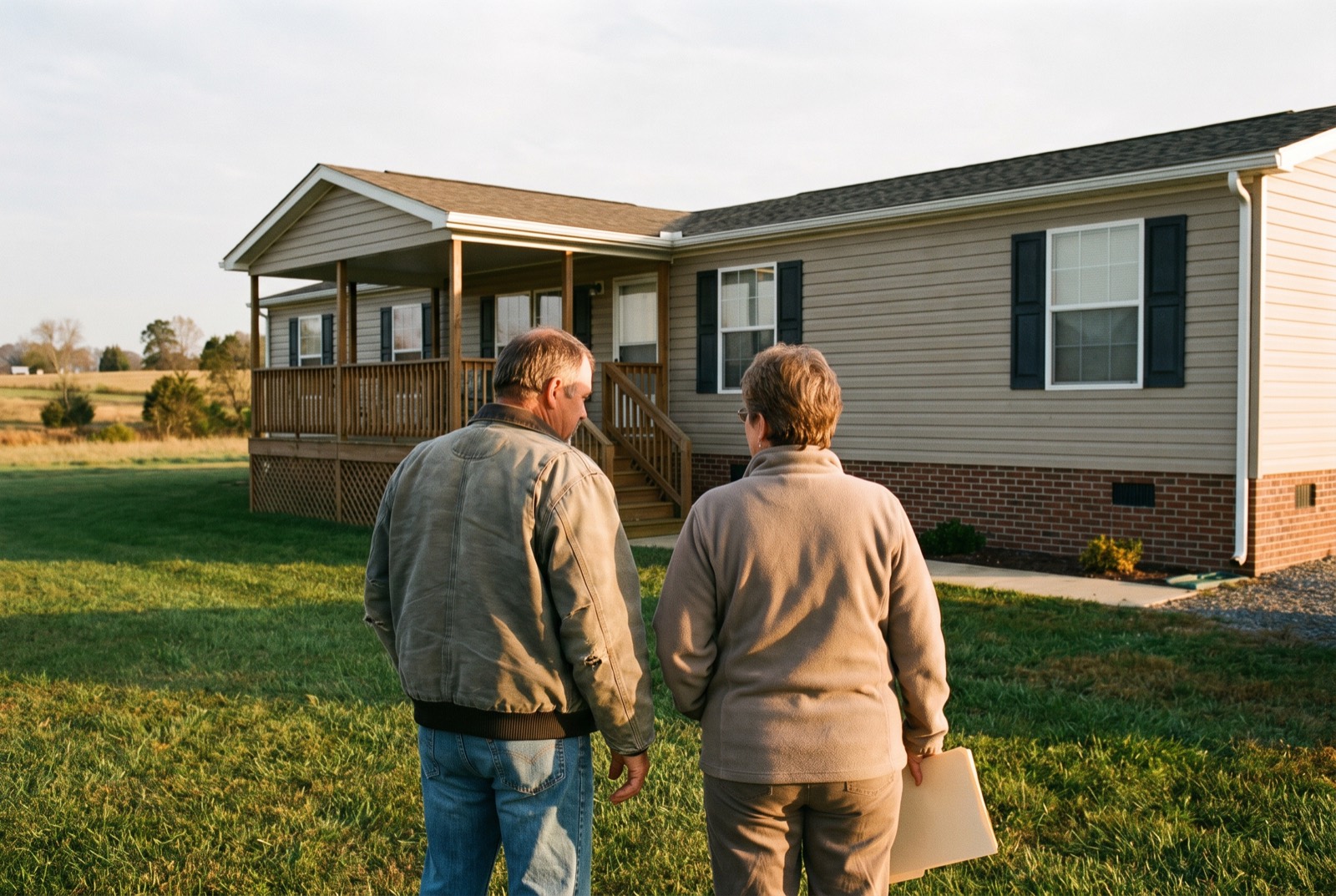 A couple looking at a double-wide manufactured home with a covered porch